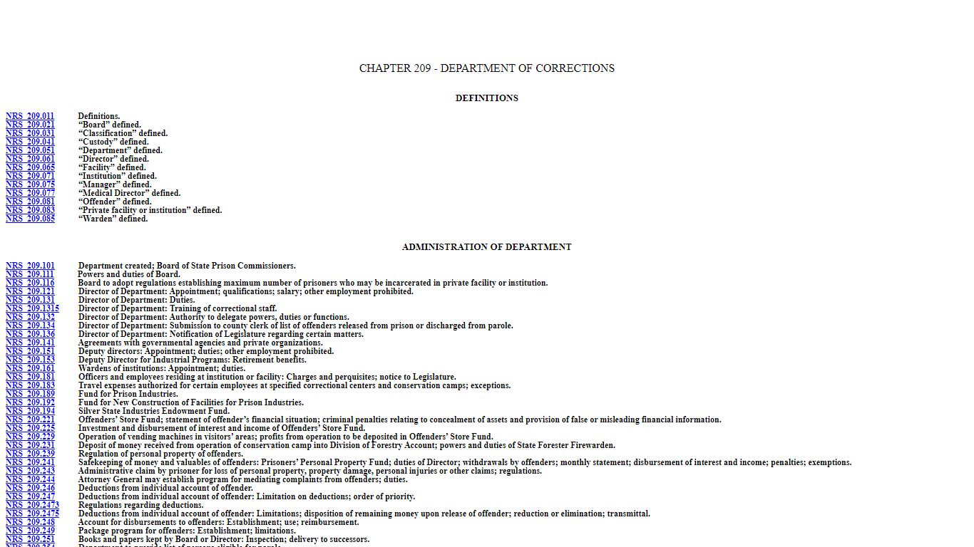 NRS: CHAPTER 209 - DEPARTMENT OF CORRECTIONS - Nevada Legislature